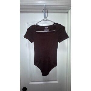 Joyspun Womens Small 4-6 Brown Short Sleeve Bodysuit Stretch Scoop Neck